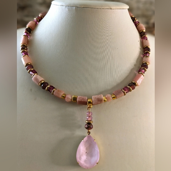 Natural Genuine Pink Opal & Pink Glass in GP Necklace w/ Powder Pink Crystal - Picture 2 of 10